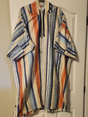 NWT. RipSkirt Hawaii Striped Hooded Poncho in Blue, Orange, Cream